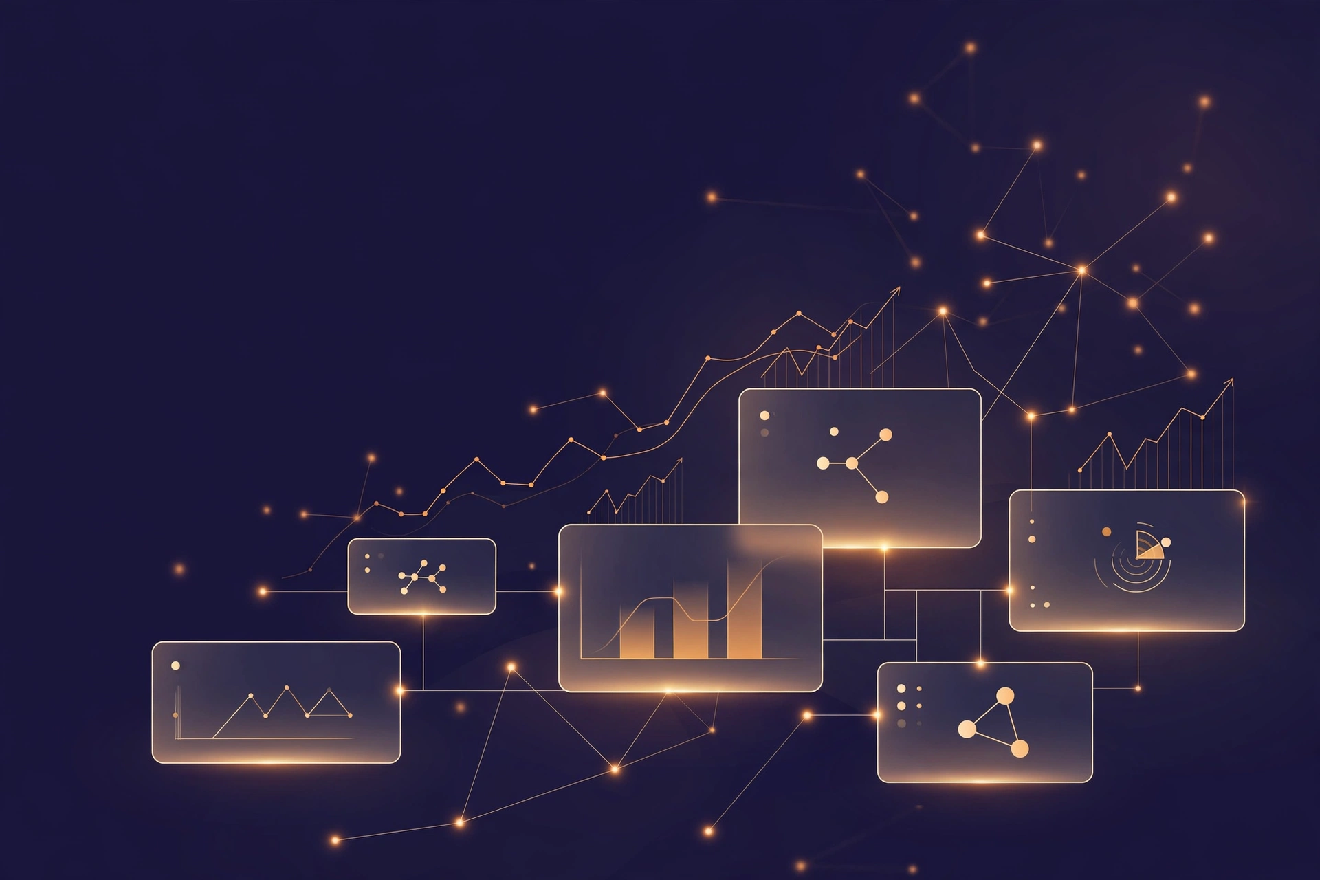 Abstract visualization of comparing AI tools — connected data cards and charts in indigo and amber