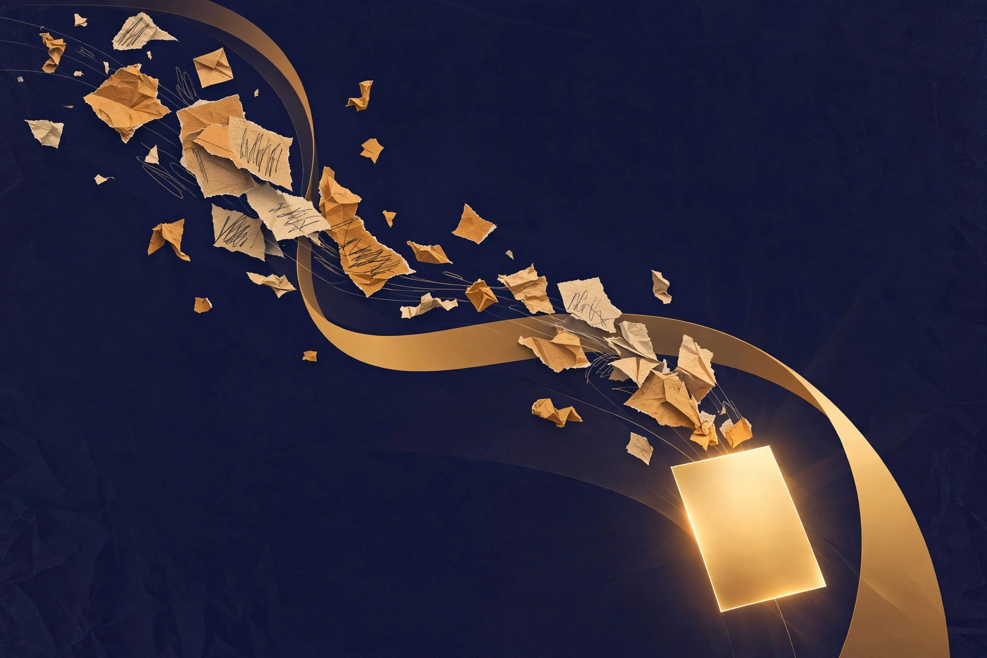 Abstract illustration of an AI-assisted workflow turning rough notes into a polished document, indigo and amber